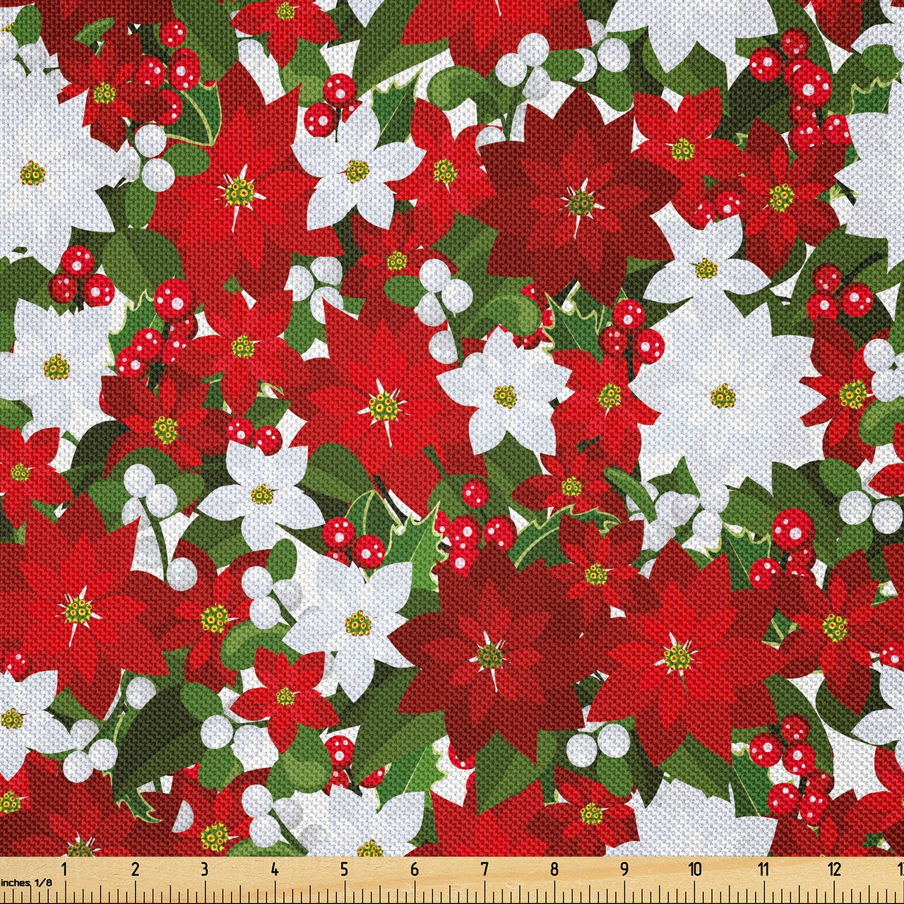 Ambesonne Christmas Fabric by The Yard, Poinsettia Flower Holly and Mistletoe in Natural Traditional Combination, Decorative Satin Fabric for Home Textiles and Crafts, 1 Yards, White Red Green